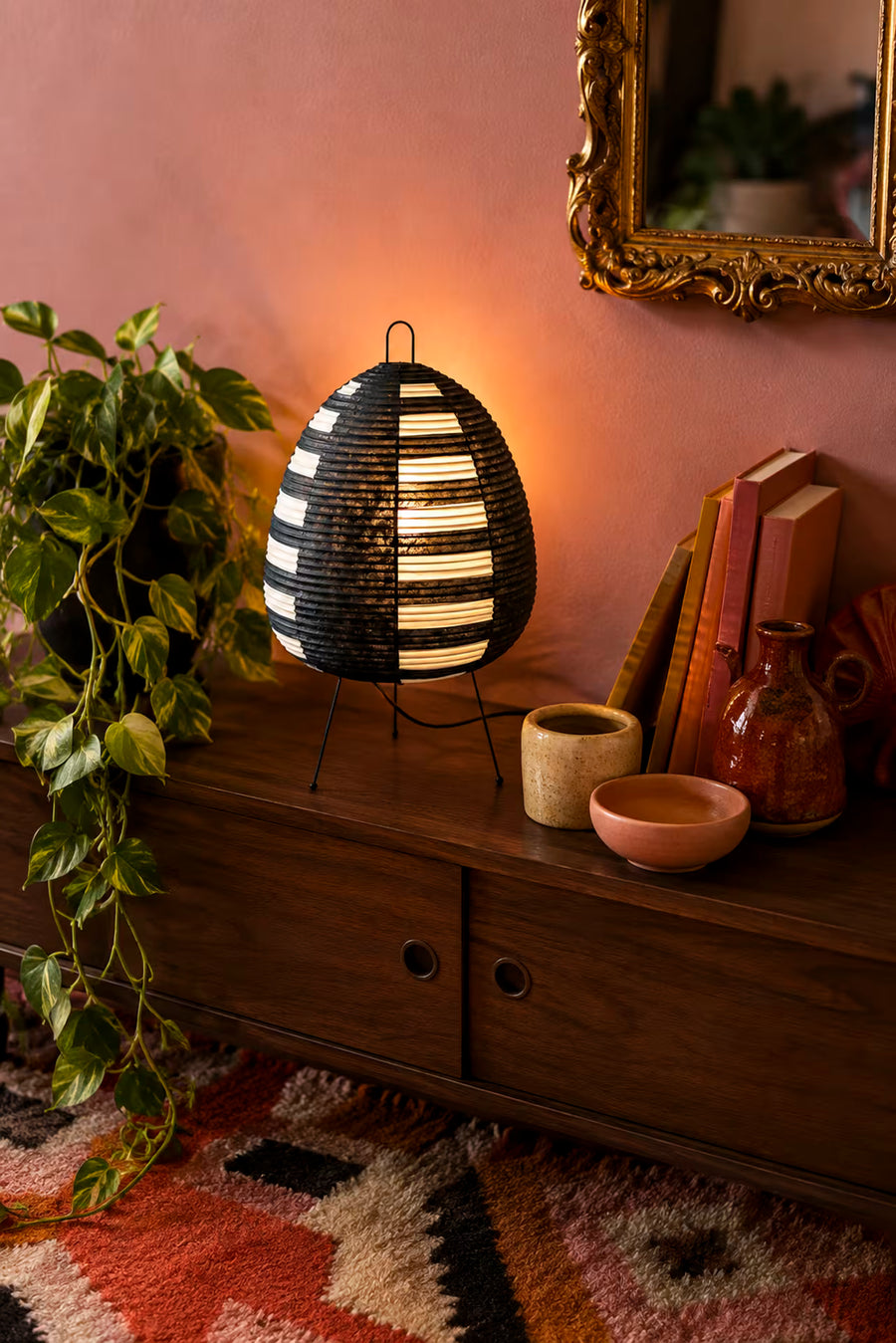 Kiri Sumi Japanese rice paper table lamp with black shade and iron tripod