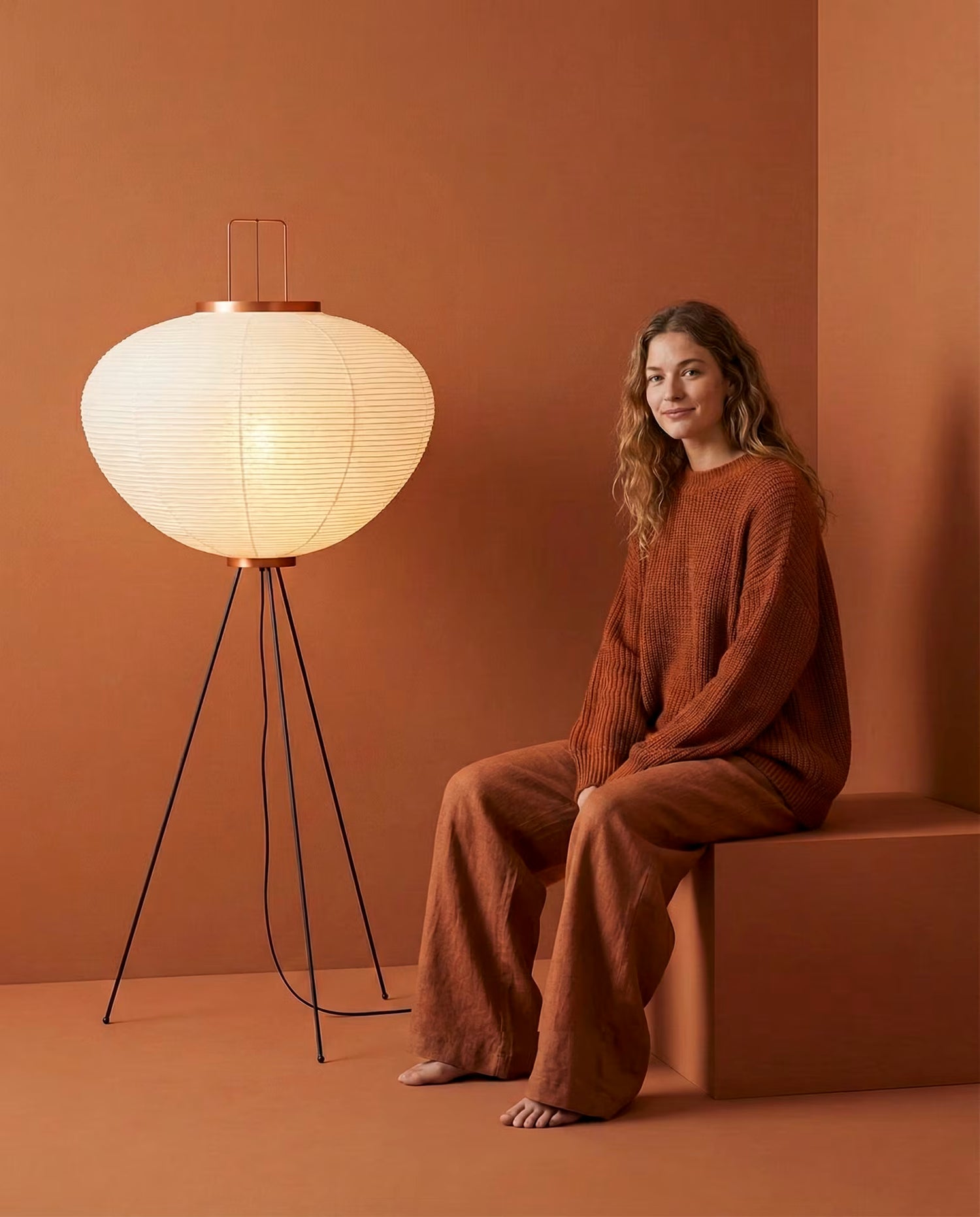 Japanese-inspired floor lamp with broad lantern silhouette