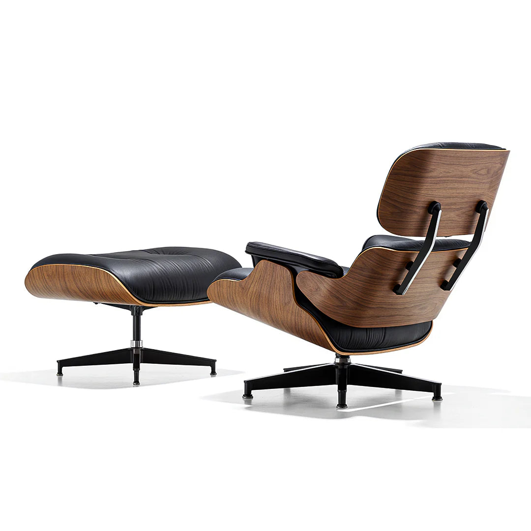 Rear view of The Legacy Lounge Chair with walnut-finish shell