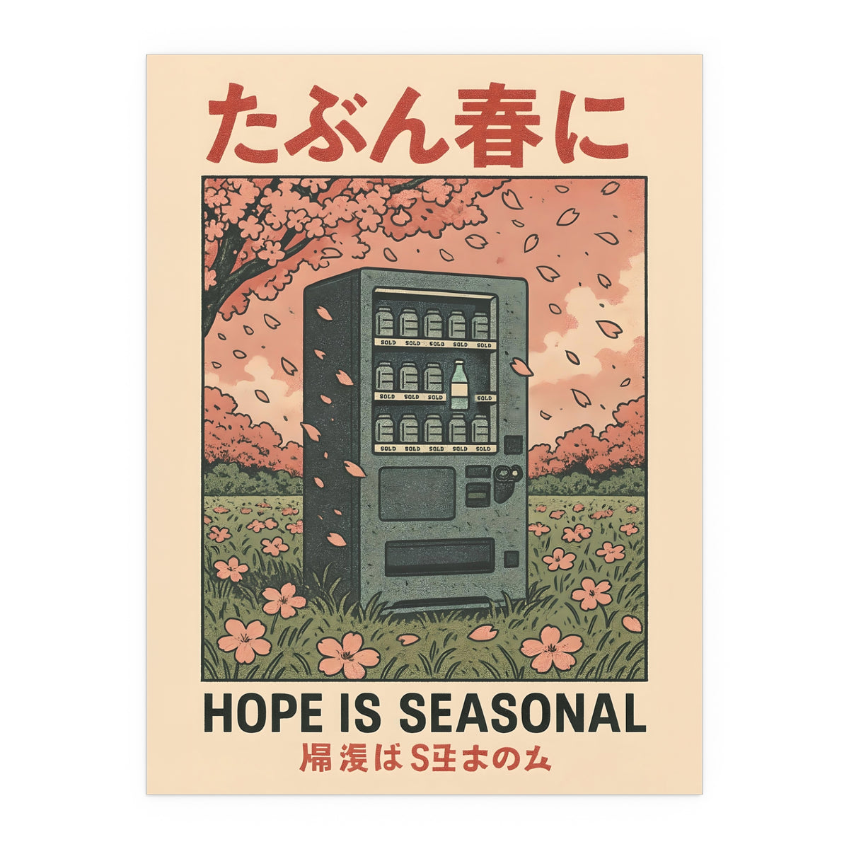 Hope Is Seasonal poster print with a vending machine beneath cherry blossoms — product view 3