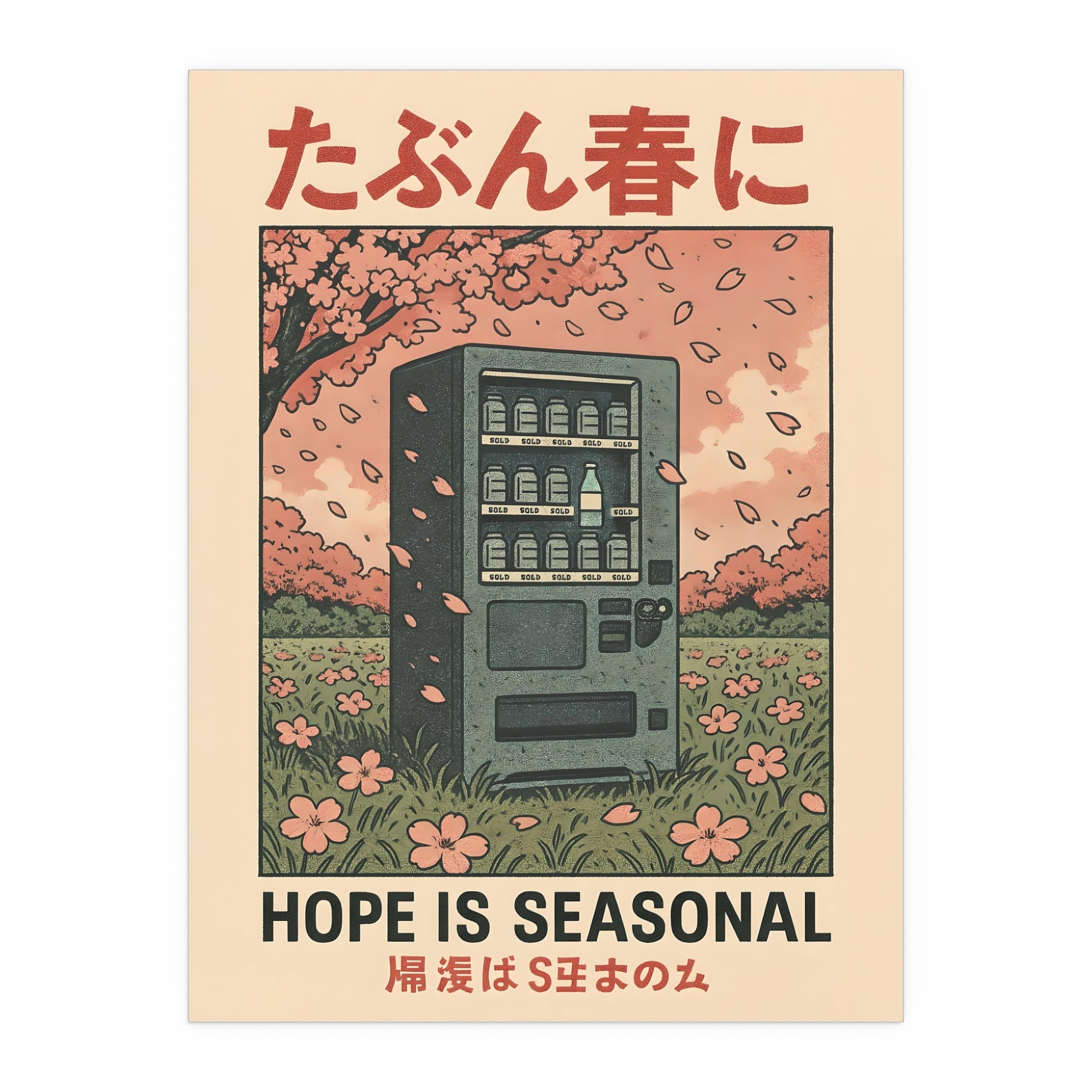 Hope Is Seasonal poster print with a vending machine beneath cherry blossoms — product view 3