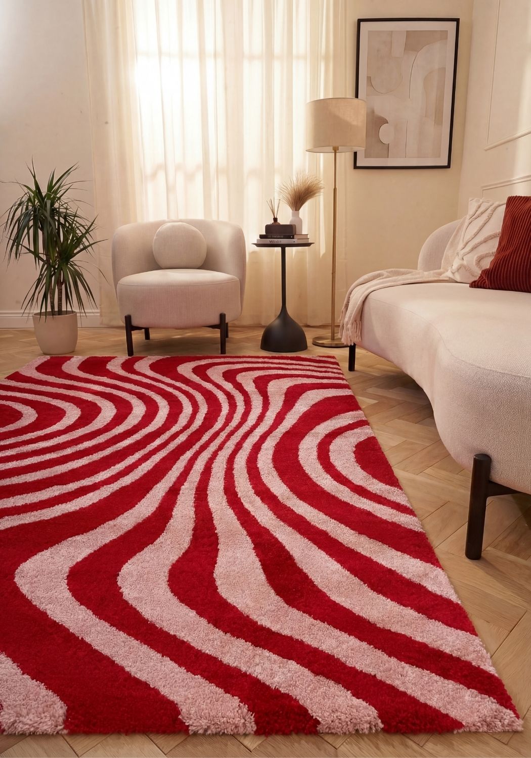 Cherry Stripe Rug — styled interior view