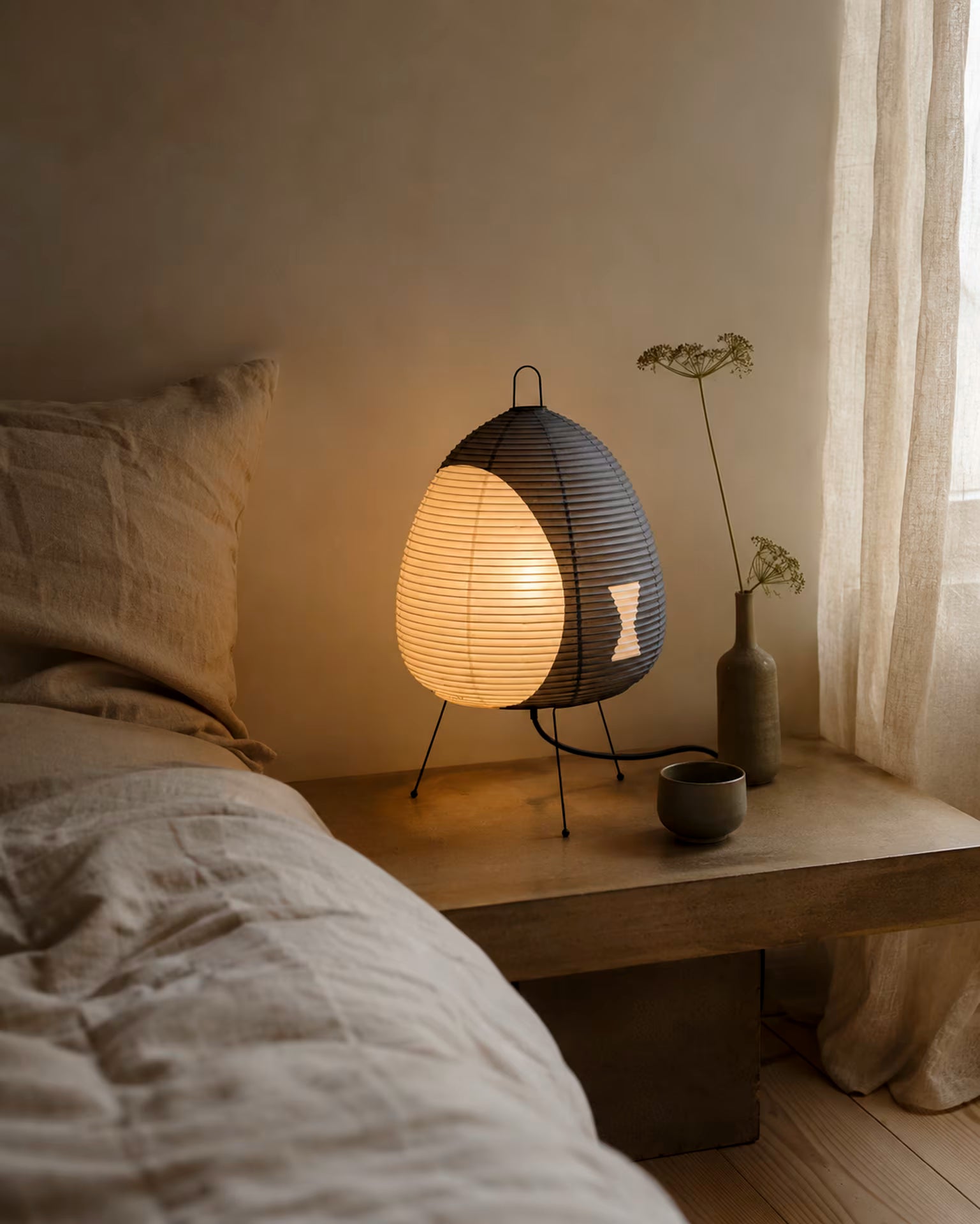Kiri Ash Japanese rice paper table lamp with grey shade and iron tripod