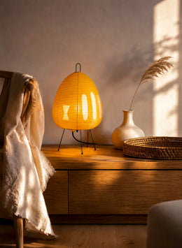 Kiri Yuzu Japanese rice paper table lamp with yellow shade and iron tripod