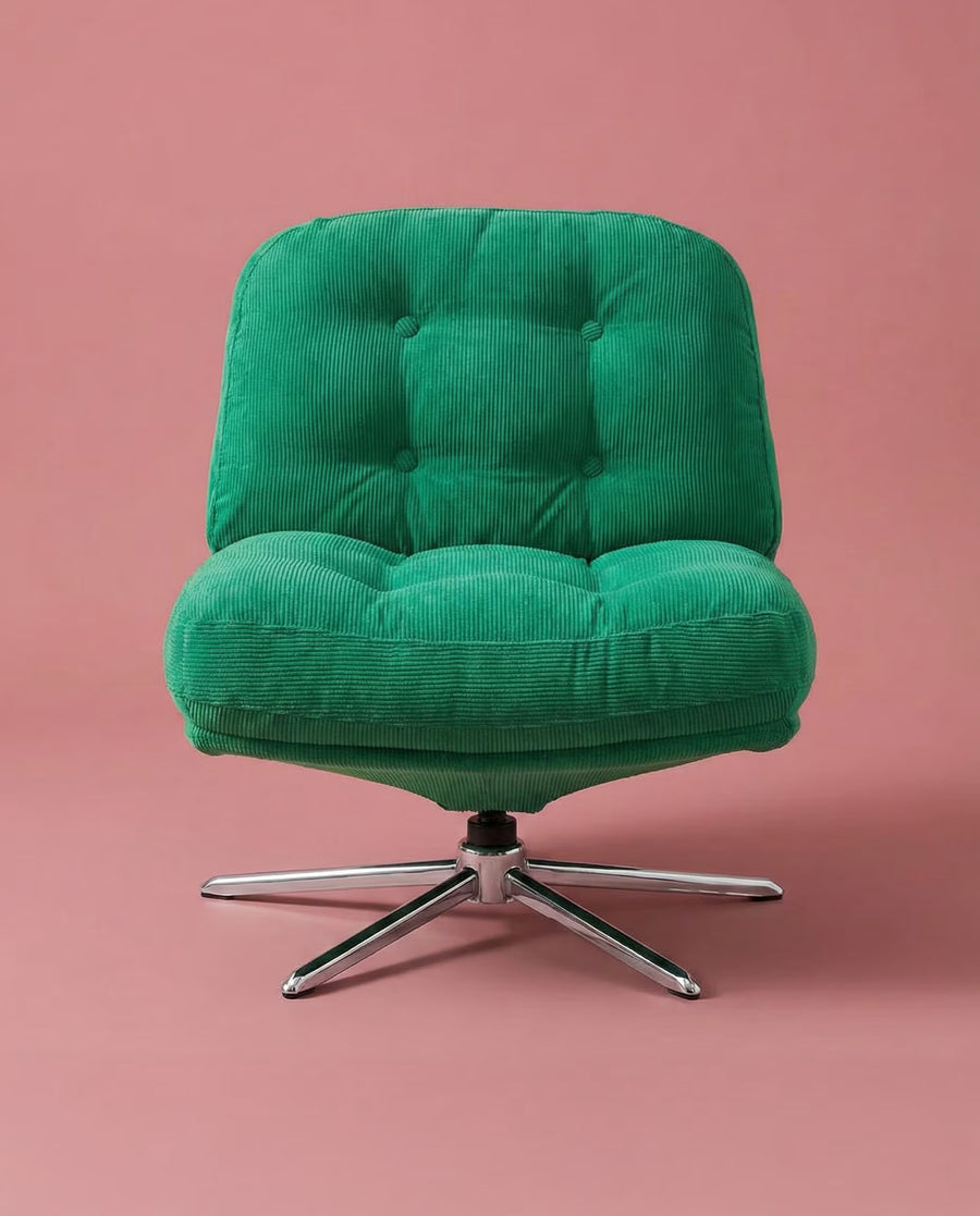 The Archive Chair in green corduroy with electroplated metal base