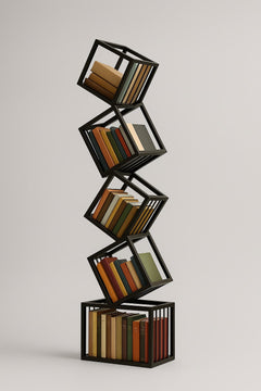 Tall black Rotating Cube Bookshelf in a living space