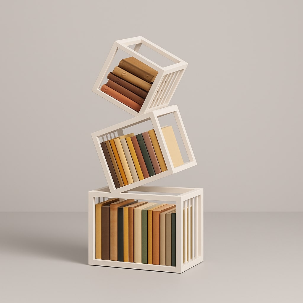 White geometric bookshelf styled with books and objects
