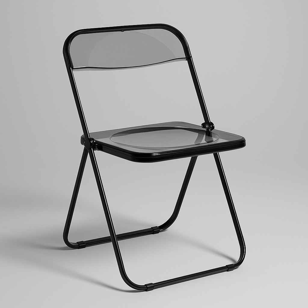 Black frame folding chair with clear plastic seat and back