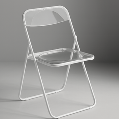 White frame folding chair with clear plastic seat and back