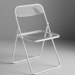 White frame folding chair with clear plastic seat and back