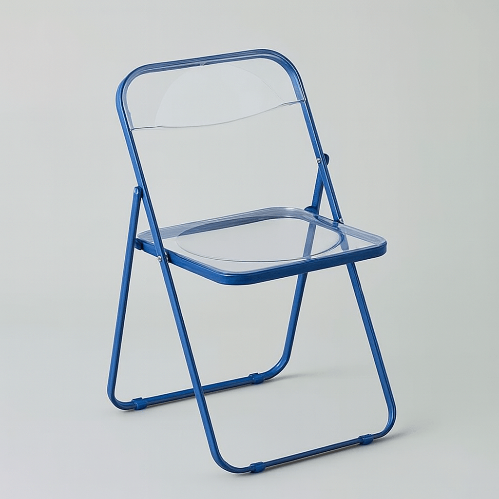 Cobalt blue frame folding chair with clear plastic seat and back