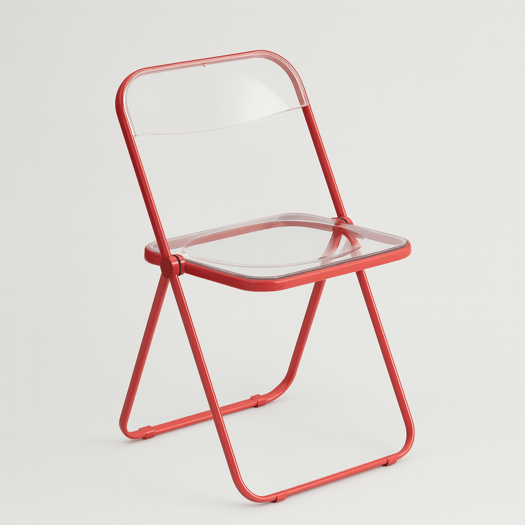 Signal red frame folding chair with clear plastic seat and back