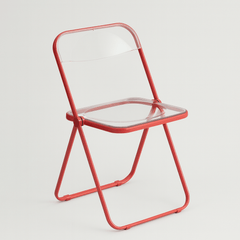 Signal red frame folding chair with clear plastic seat and back