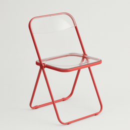 Signal red frame folding chair with clear plastic seat and back