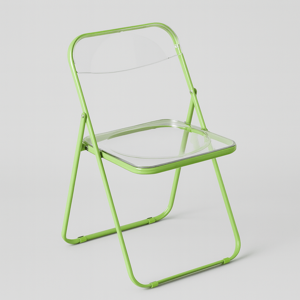Lime green frame folding chair with clear plastic seat and back