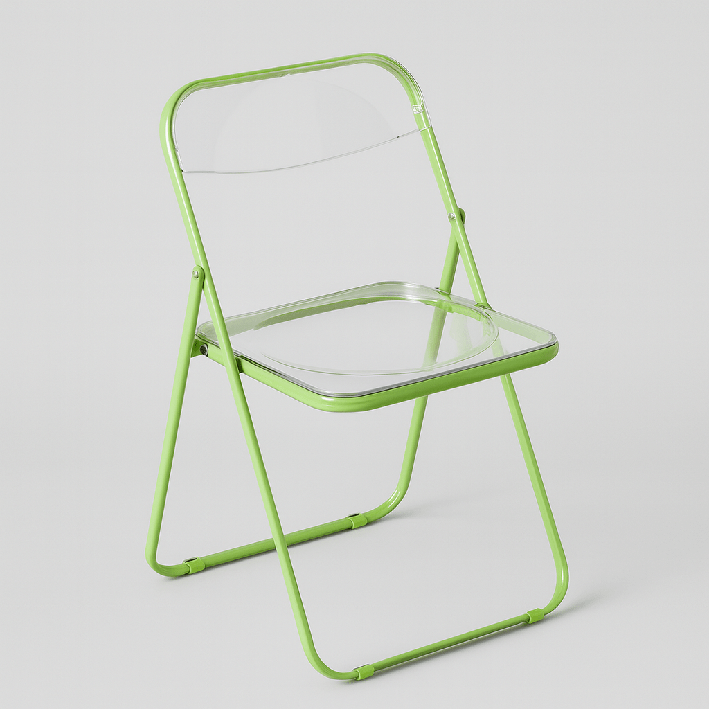 Lime green frame folding chair with clear plastic seat and back