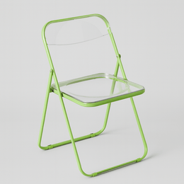 Lime green frame folding chair with clear plastic seat and back
