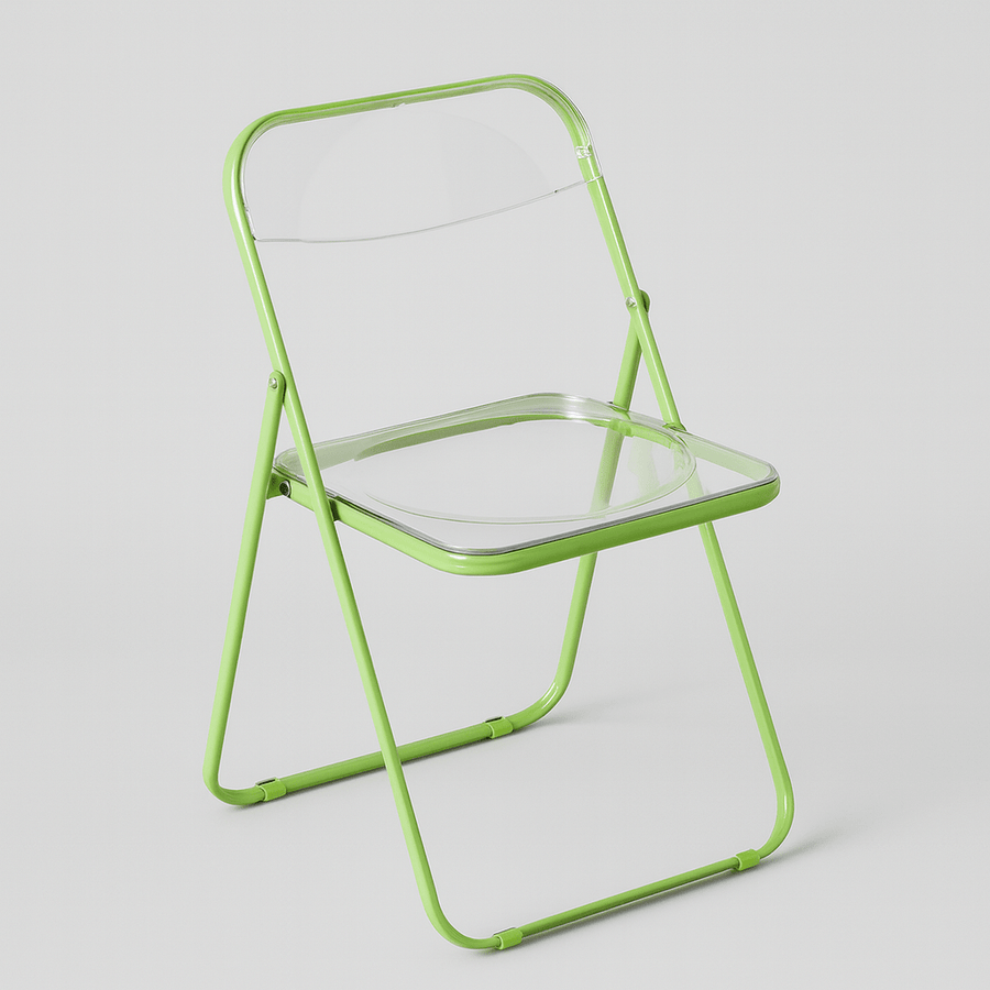 Lime green frame folding chair with clear plastic seat and back