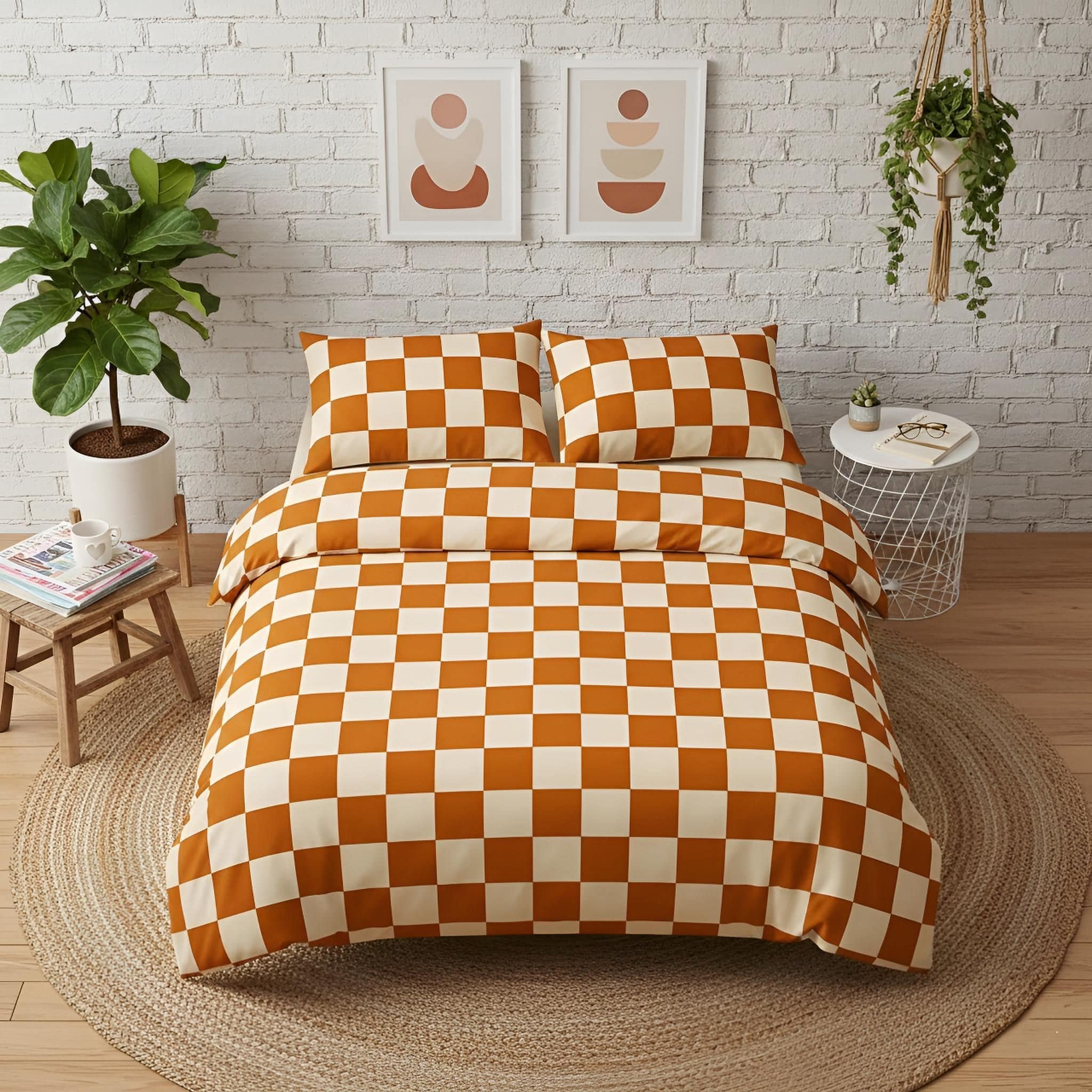 Close view of the black and white grid bedding pattern