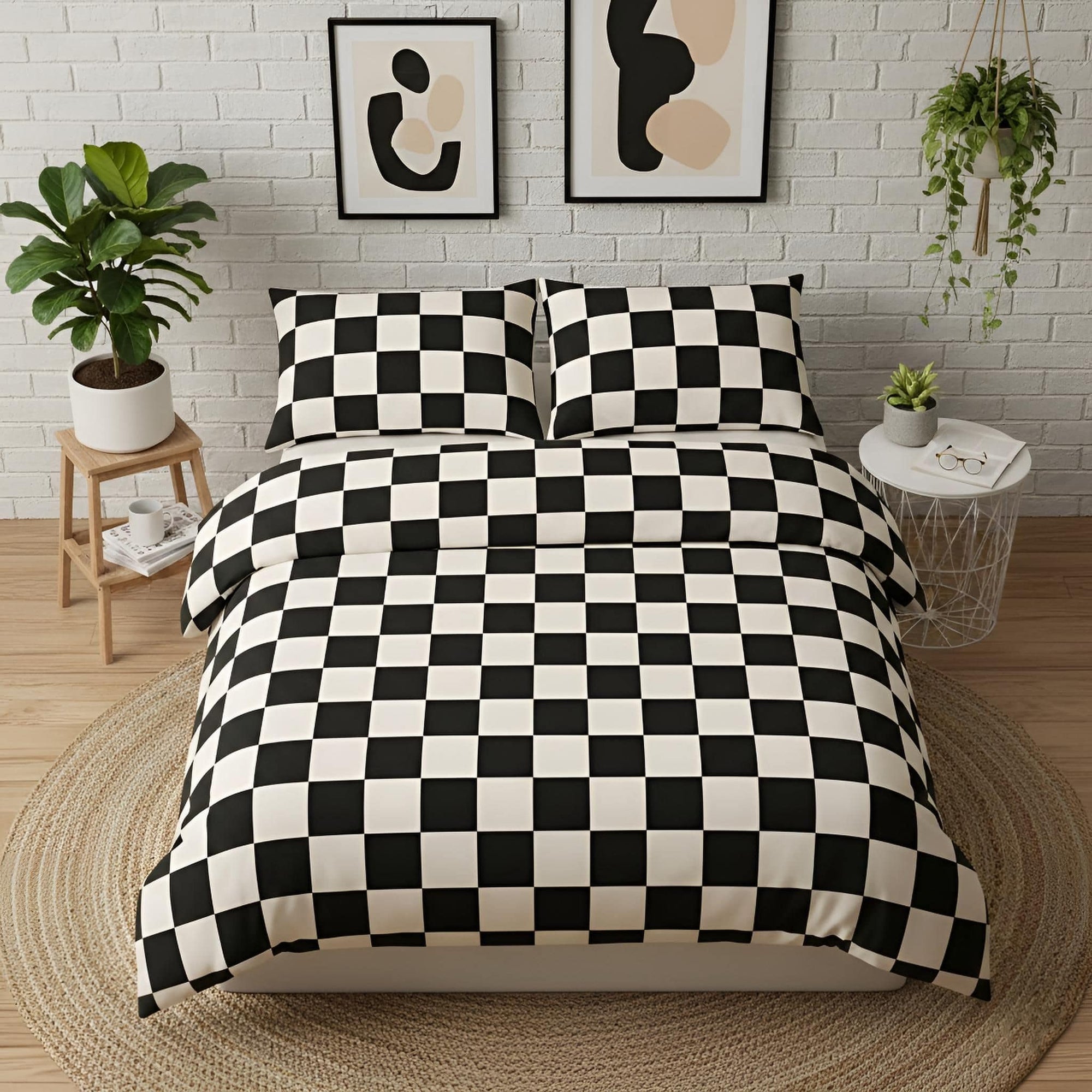 Black and white checkerboard bedding set styled in a modern bedroom