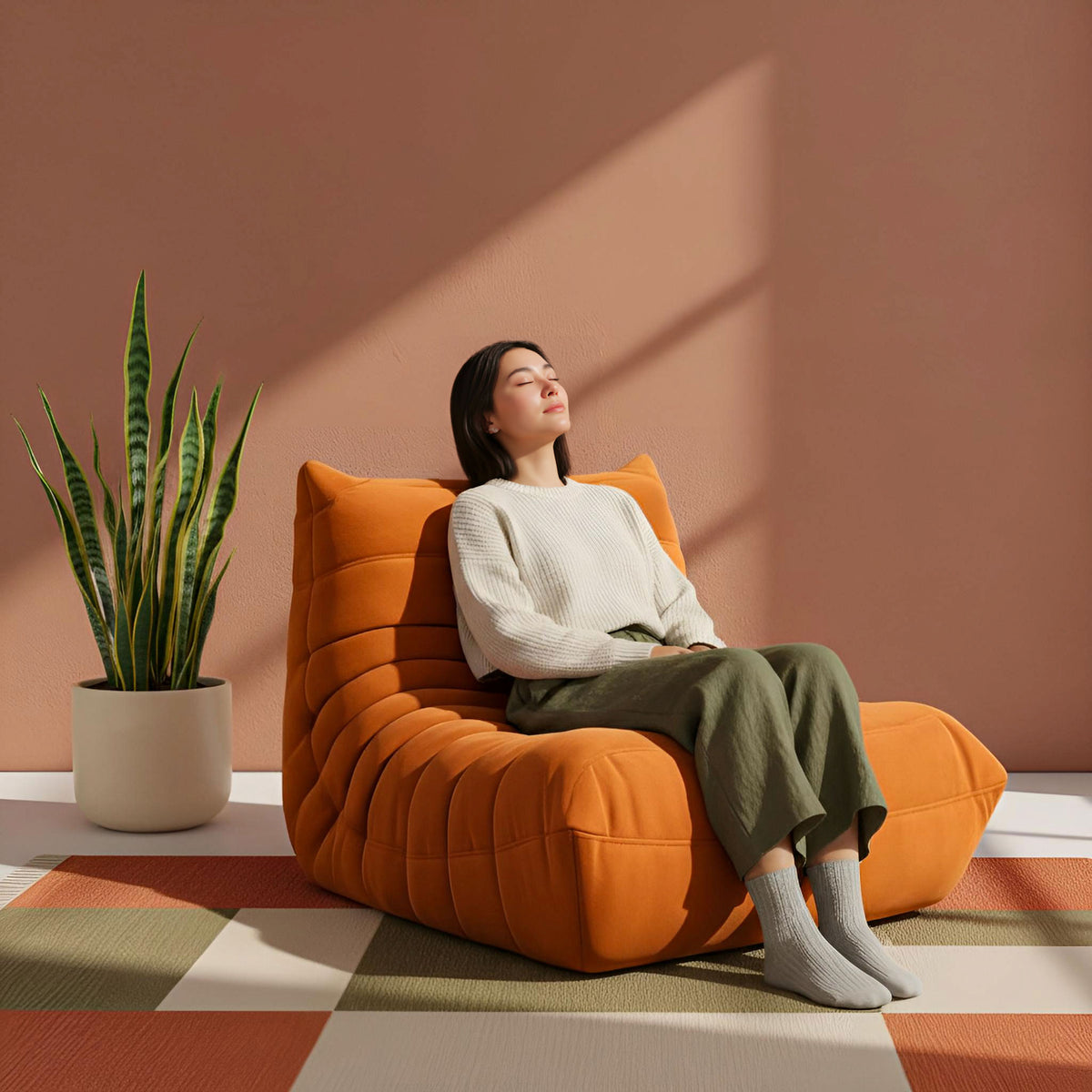 Caterpillar Lounger Chair shown at an angle to reveal its reclined profile