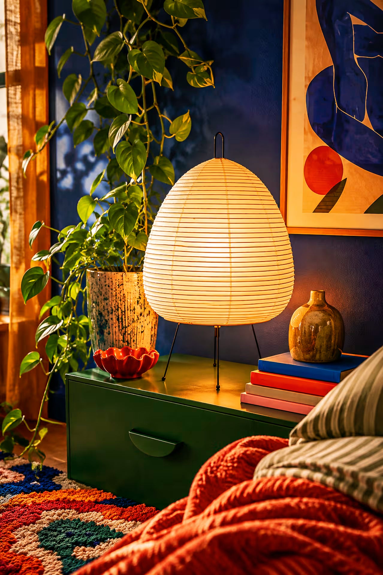 Kiri Washi Japanese rice paper table lamp with soft white shade and iron tripod