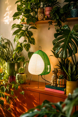 Akari-inspired Kiri Celadon paper lantern table lamp