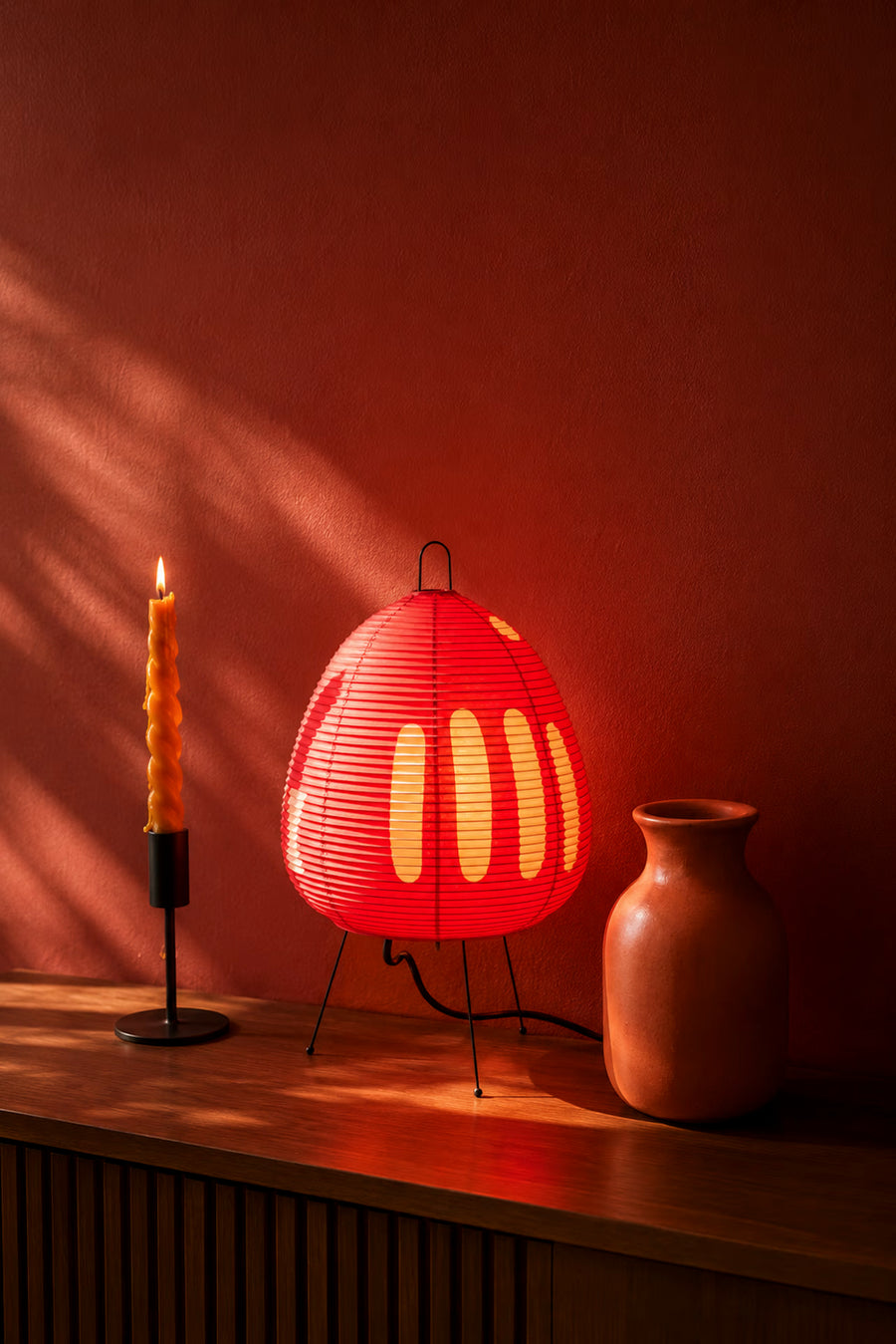 Kiri Torii Japanese rice paper table lamp with red shade and iron tripod