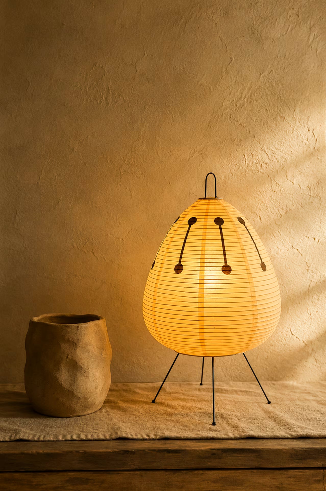 Kiri Wabi sculptural rice paper table lamp in earthy neutral
