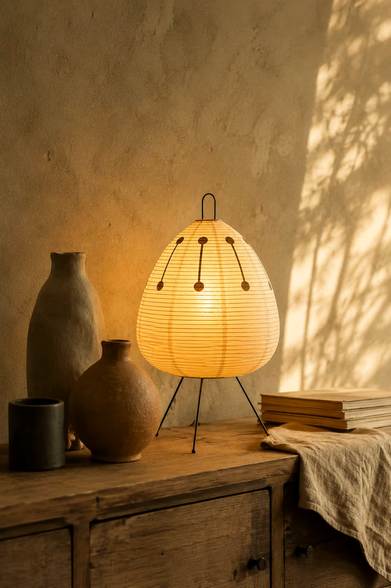 Kiri Wabi Japanese rice paper table lamp with earthy neutral shade and iron tripod