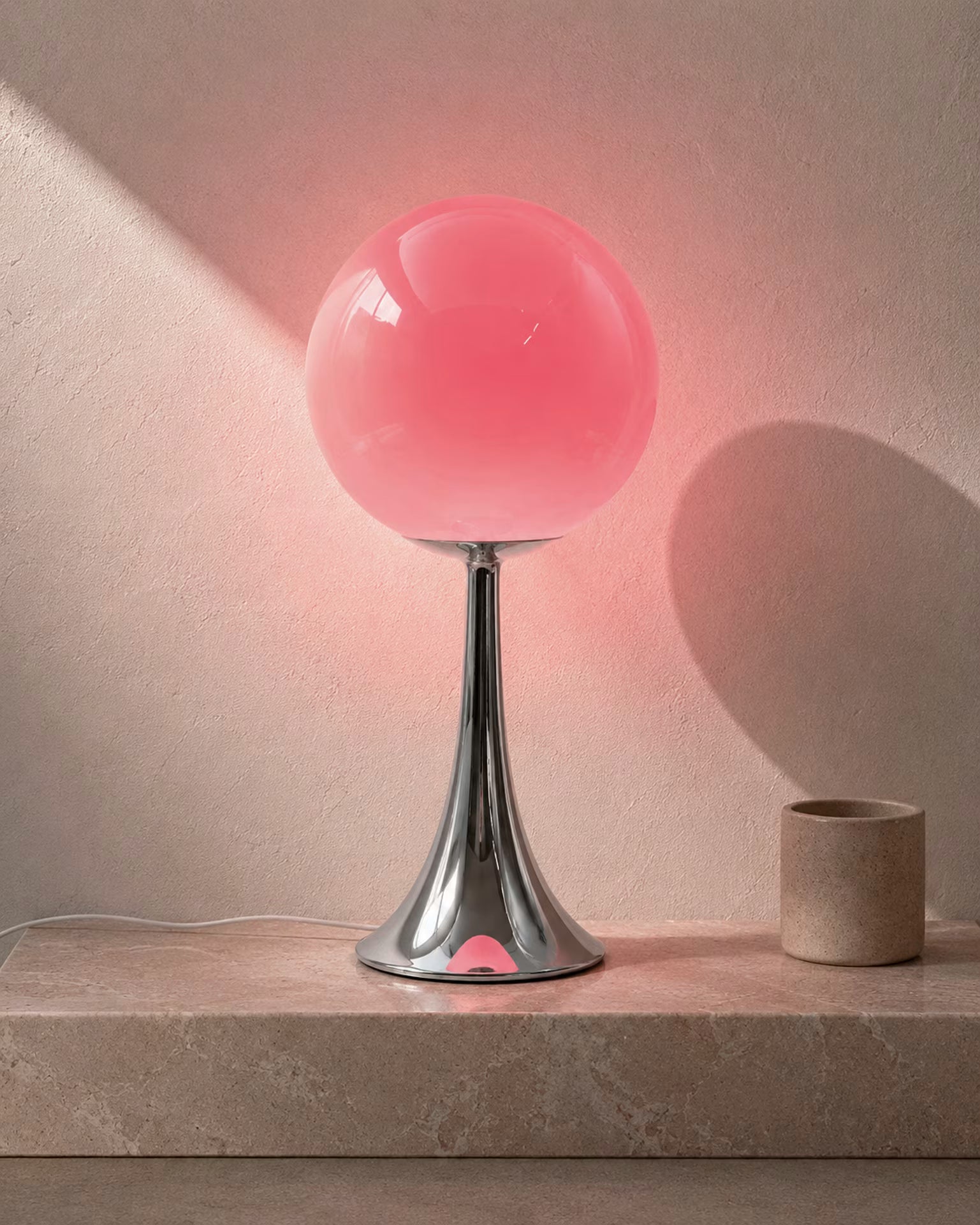 Pulsar Aurora pink glass table lamp with chrome-finish stem and base