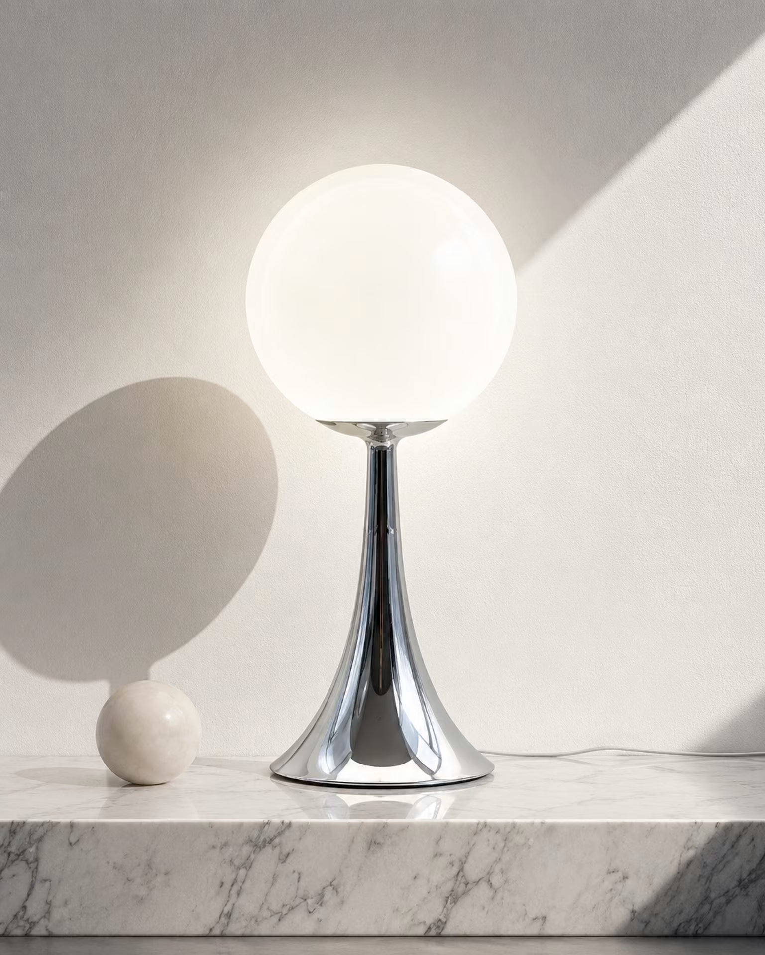 Pulsar Luna white glass table lamp with chrome-finish stem and base