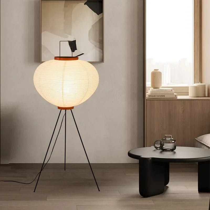 Kyoto Japanese lantern floor lamp with fabric shade and iron tripod