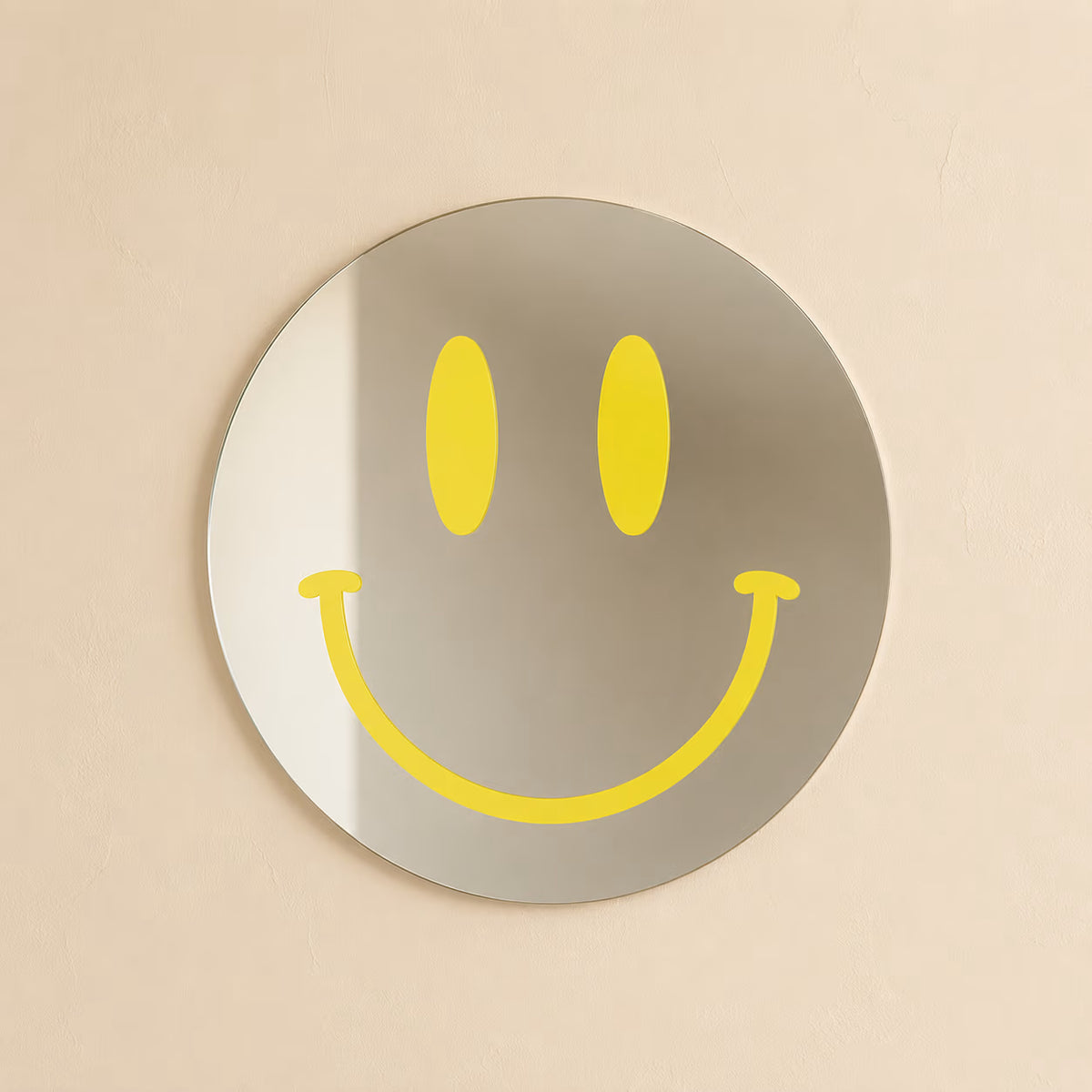 Yellow Smiling Reflections acrylic mirror on a neutral wall
