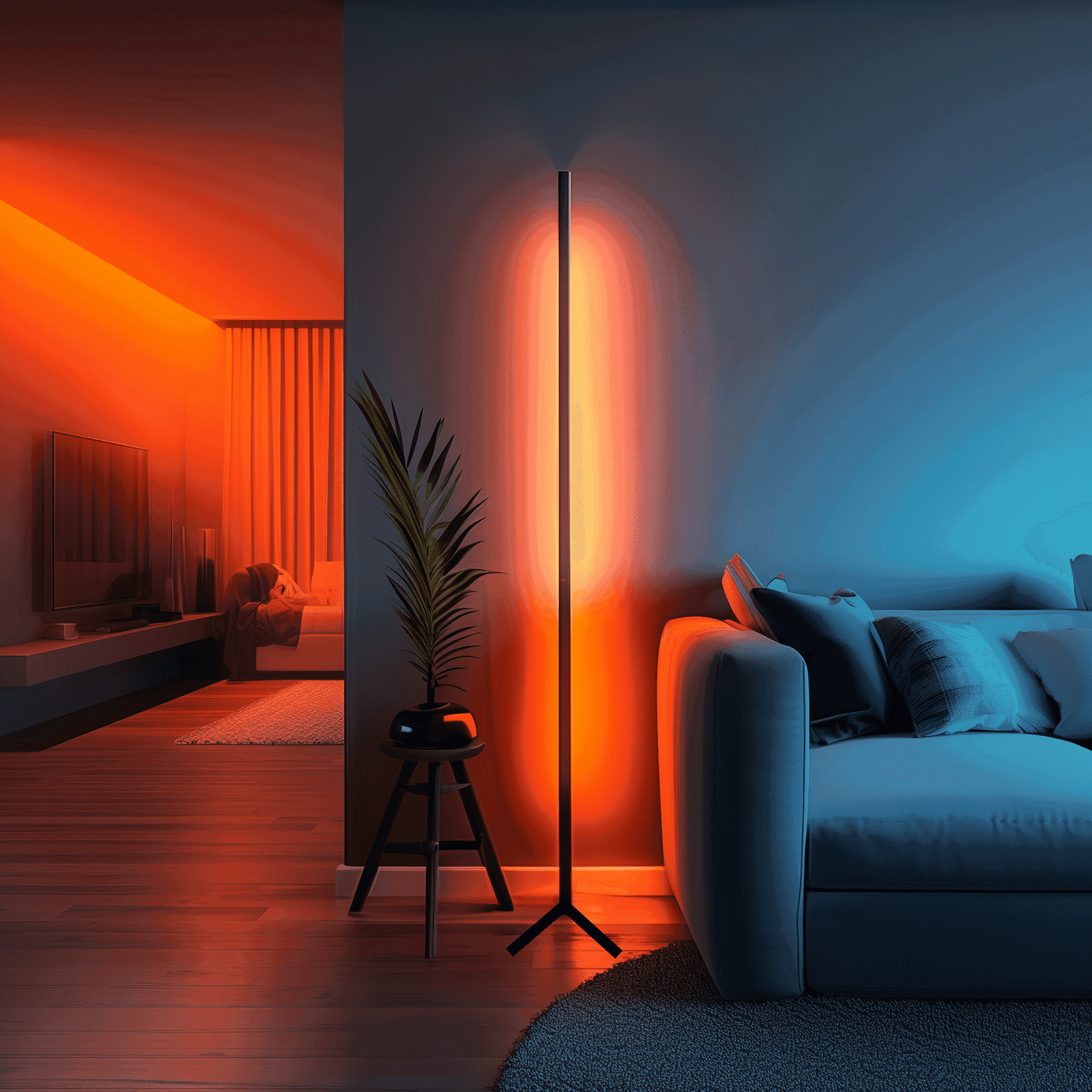 RGB wall-wash floor lamp with adjustable colour and brightness