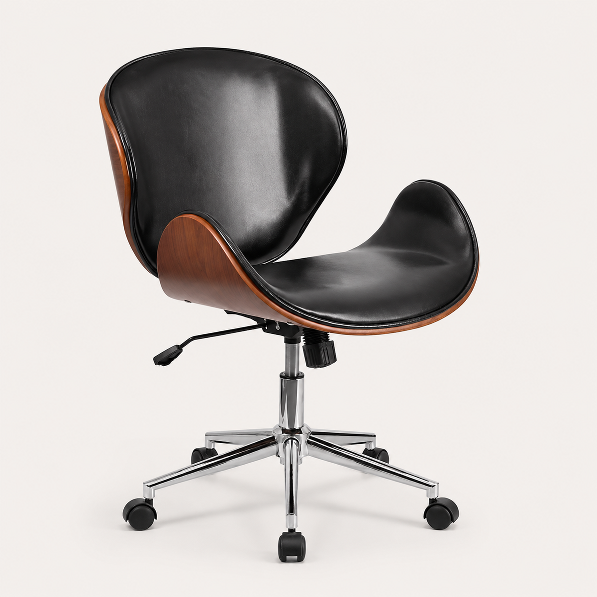 The Arden Office Chair in Black with curved walnut-effect frame and chrome base