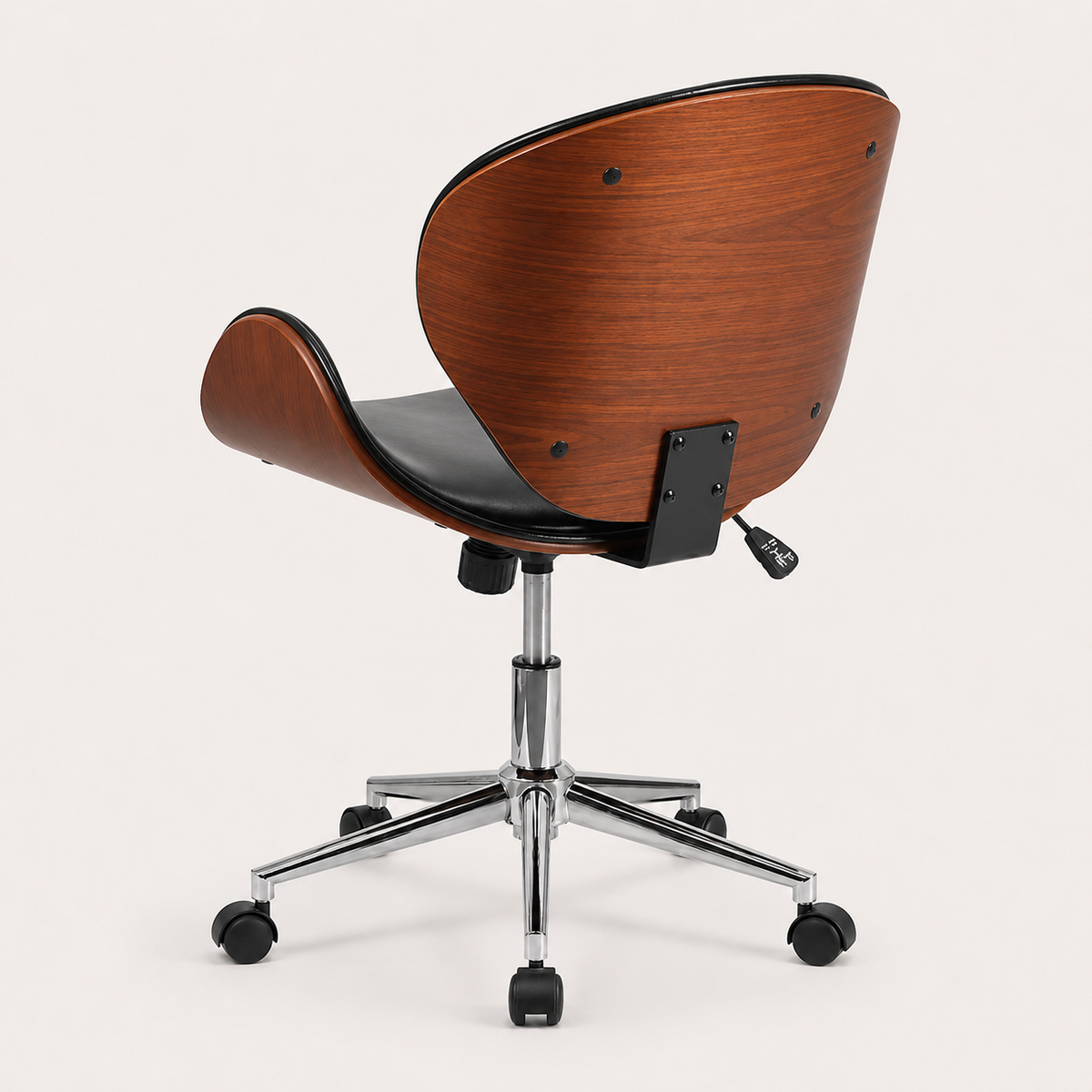 Rear view showing the walnut-effect bentwood frame of The Arden Office Chair in Black