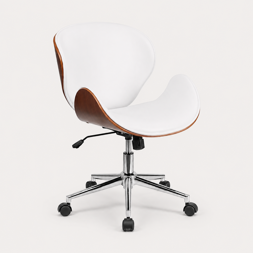 The Arden Office Chair in White with curved walnut-effect frame and chrome base