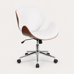 The Arden Office Chair in White with curved walnut-effect frame and chrome base