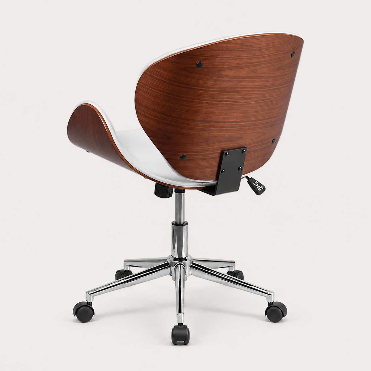 Rear view showing the walnut-effect bentwood frame of The Arden Office Chair in White