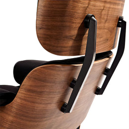 Detail of walnut-finish shell and black chair base