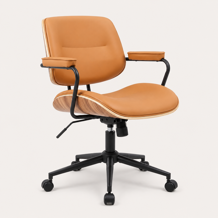 The Calder Office Chair in orange faux leather with walnut-effect shell and black wheeled base