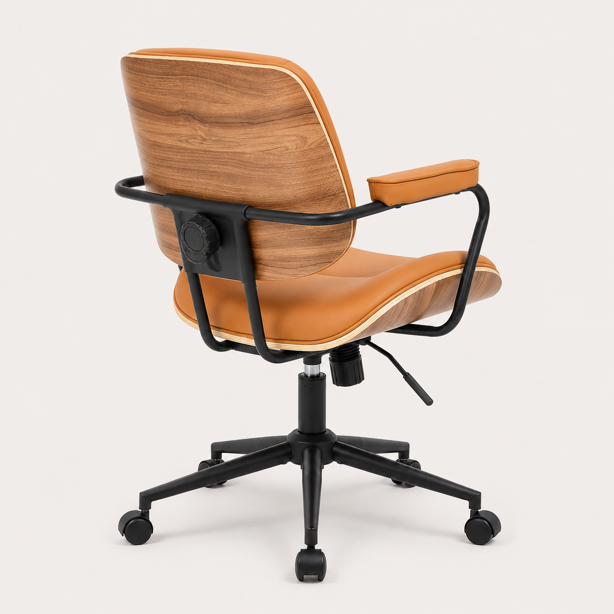 Side view of The Calder Office Chair showing its curved walnut-effect profile