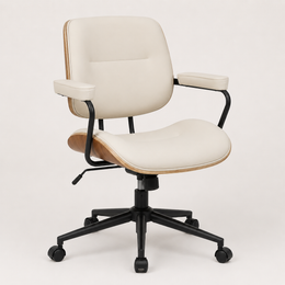 The Calder Office Chair in Beige with walnut-effect shell and black wheeled base