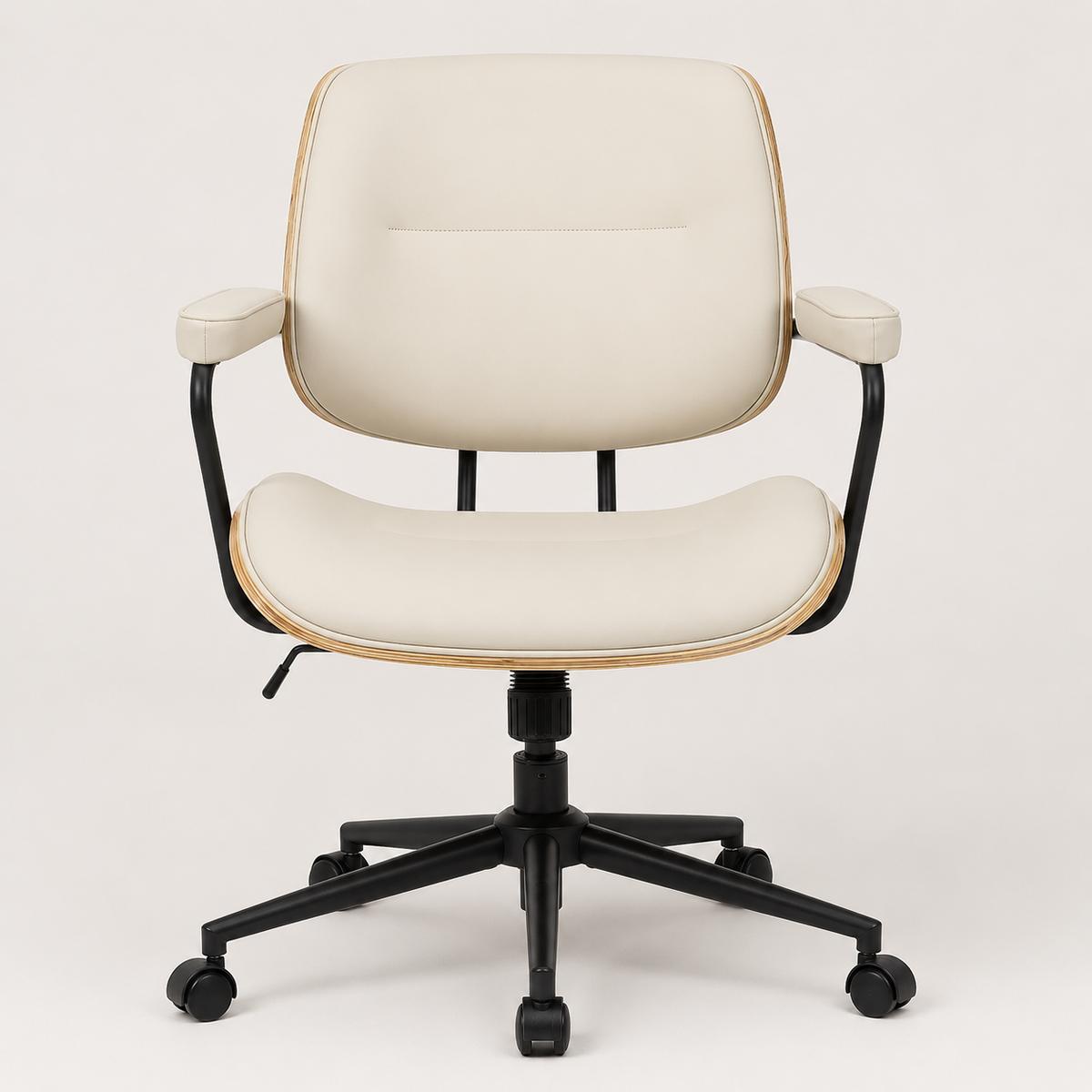 Rear view of The Calder Office Chair in Beige showing its walnut-effect shell
