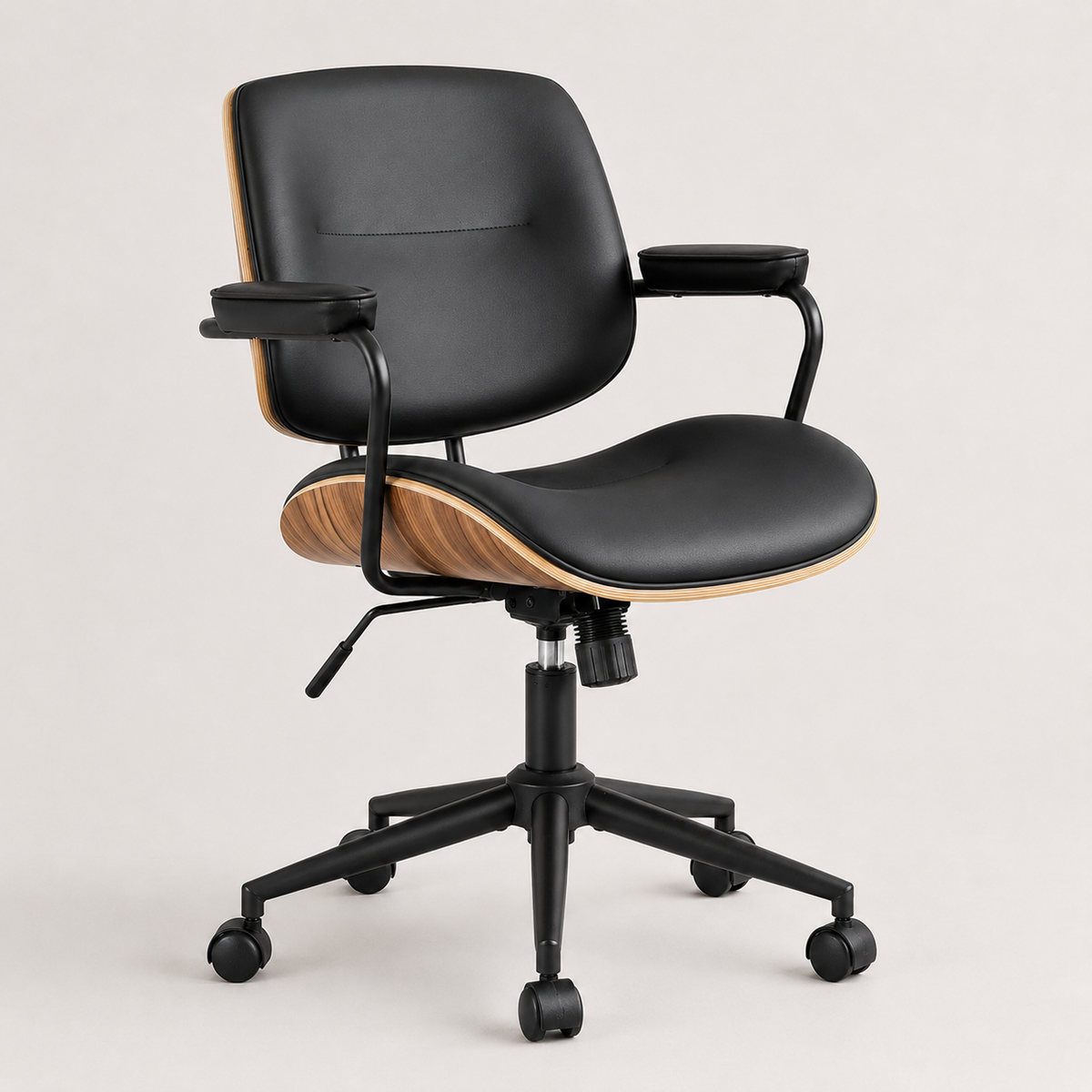 The Calder Office Chair in Black with walnut-effect shell and black wheeled base