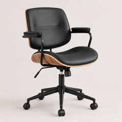 The Calder Office Chair in Black with walnut-effect shell and black wheeled base