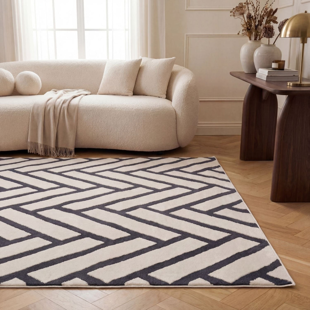 Cobalt Chevron Rug — styled interior view