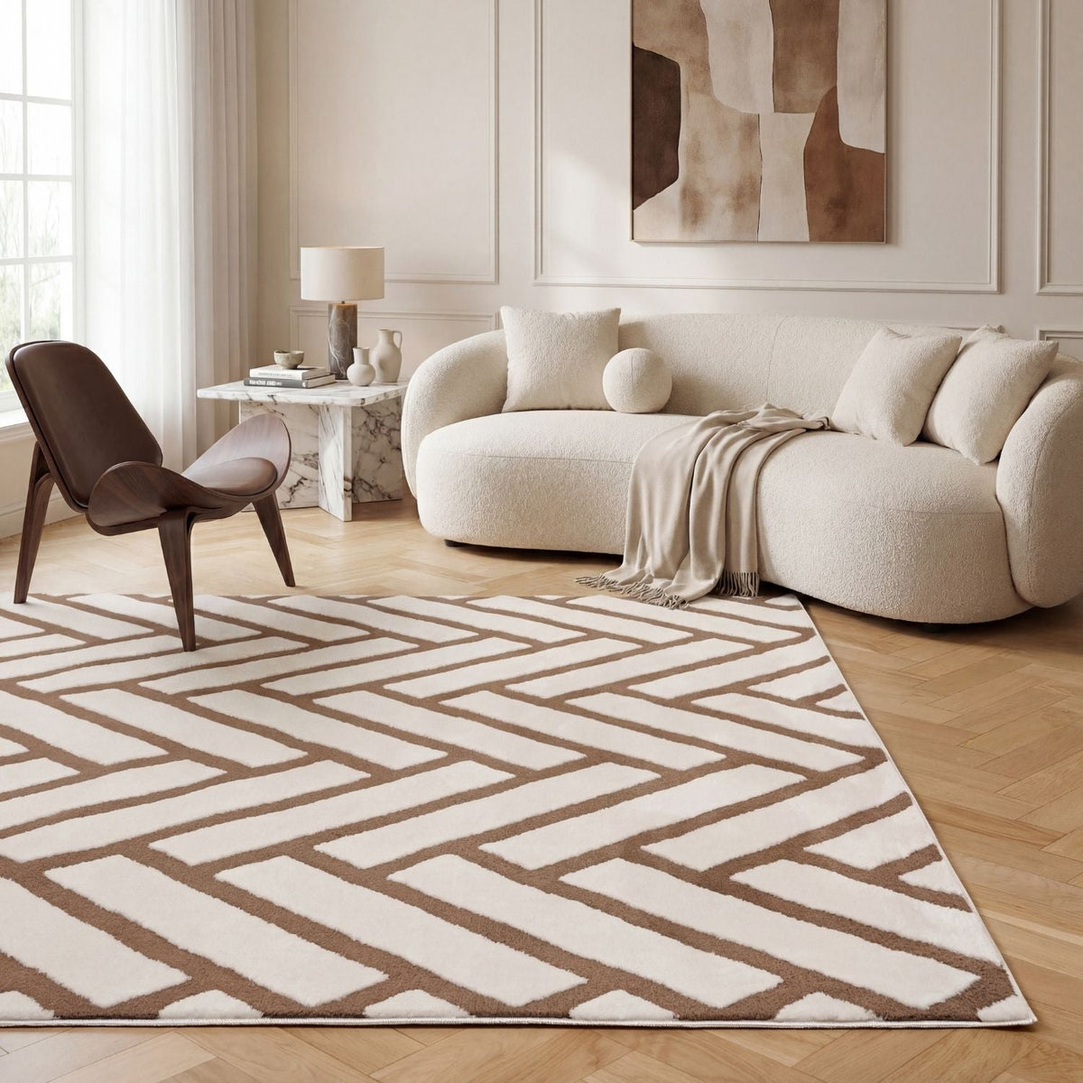 Cocoa Chevron Rug — styled interior view
