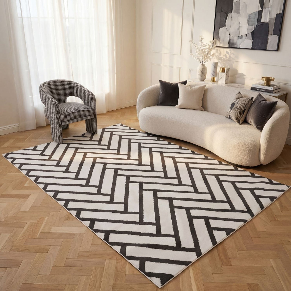 Slate Chevron Rug — room-scale view